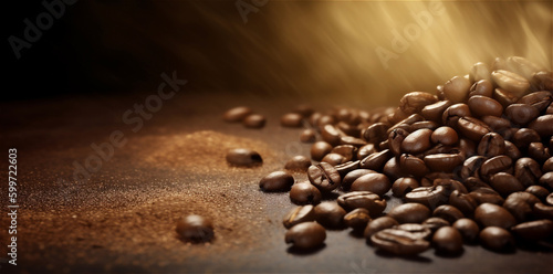 Cffee beans on wooden background with copy space. AI generated content photo