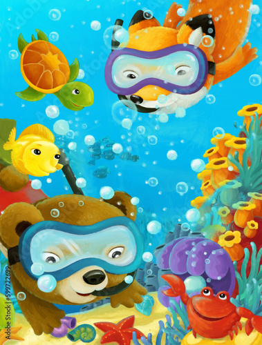 cartoon ocean scene coral reef forest animals diving