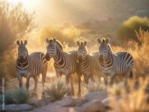Group of Mountain Zebra in natural habitat (generative AI)
