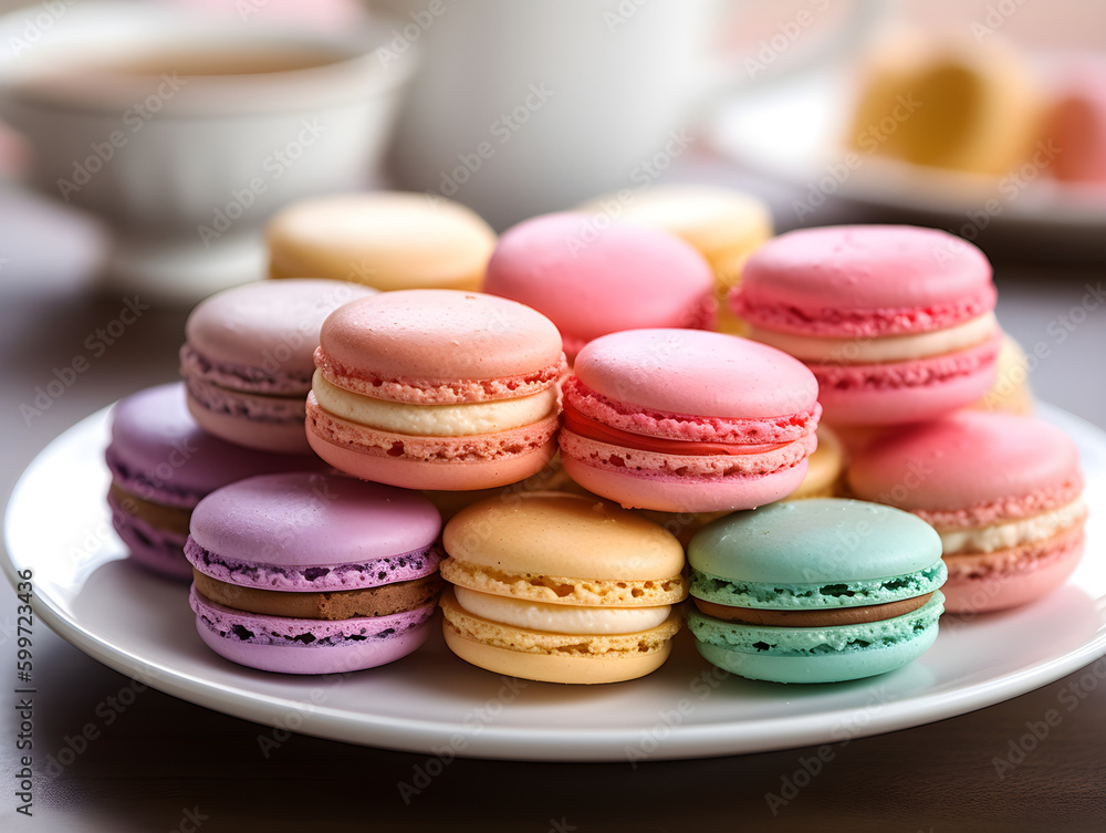 Colorful macarons arranged on a white plate. Generative AI