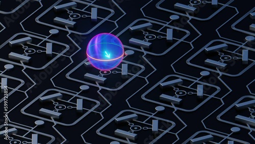 Quantum qubit in superposition on quantum computer circuit board, bloch sphere, close up, 3D rendering photo