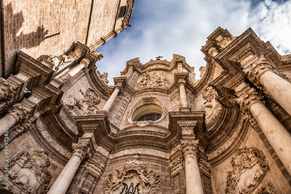 Metropolitan Cathedral - Basilica of Assumption of Our Lady of Valencia (or Saint Mary's Cathedral; Valencia Cathedral). Valencia Cathedral built on Roman temple site XIII century. Valencia, Spain. Metropolitan Cathedral - Basilica of Assumption of Our Lady of Valencia (or Saint Mary's Cathedral; Valencia Cathedral). Valencia Cathedral built on Roman temple site XIII century. Valencia, Spain.