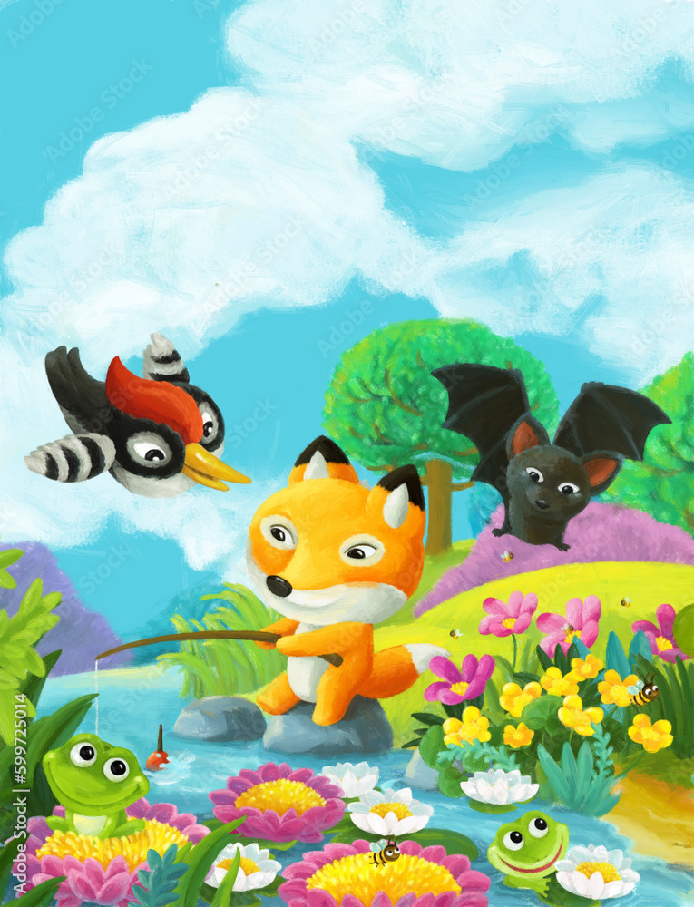 cartoon fun scene forest animals friends together cartoon fun scene forest animals friends together