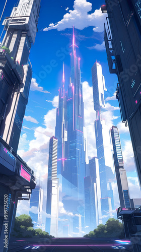 A futuristic city with skyscrapers in the background. Generative AI.