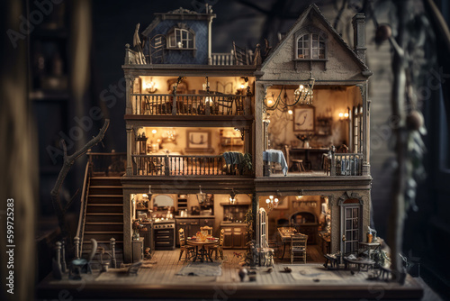 A doll house with a staircase leading up to the second floor. Generative AI. photo