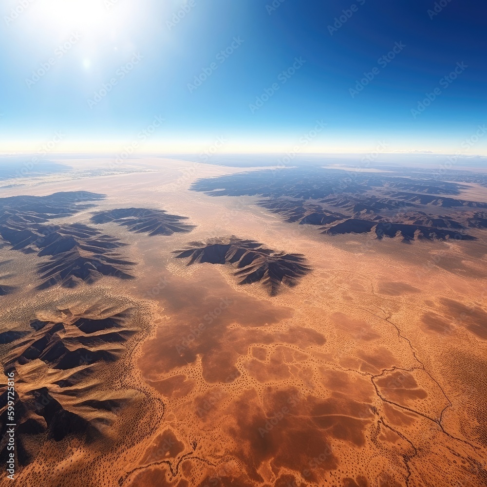 Vast desert stretching out beneath a cloudless blue sky, untouched by humanity. (Generative AI)