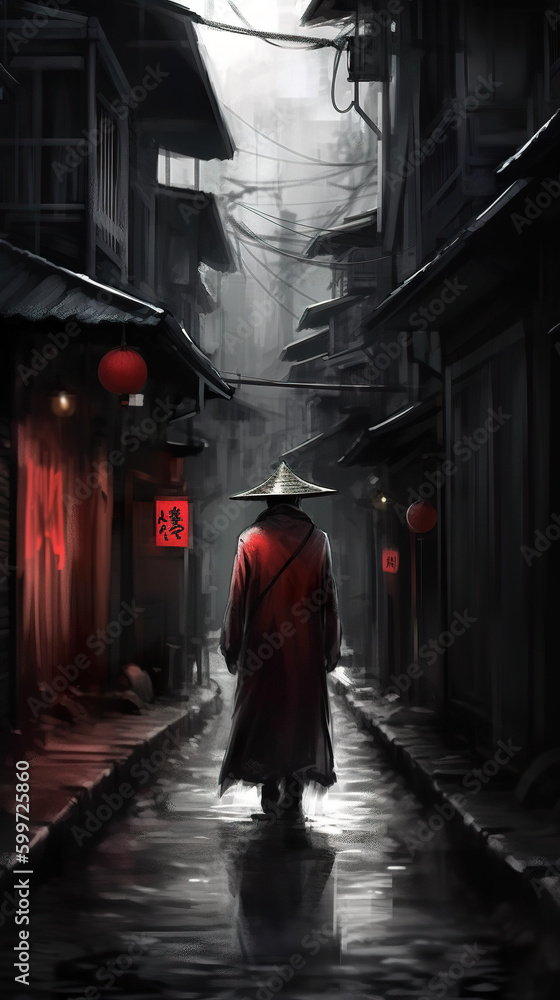 A man in long coat and oriental hat walking down a street in Japan with traditional wooden houses and red lanterns. Generative AI.