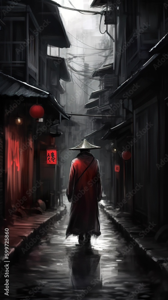 A man in long coat and oriental hat walking down a street in Japan with traditional wooden houses and red lanterns. Generative AI. A man in long coat and oriental hat walking down a street in Japan with traditional wooden houses and red lanterns. Generative AI.