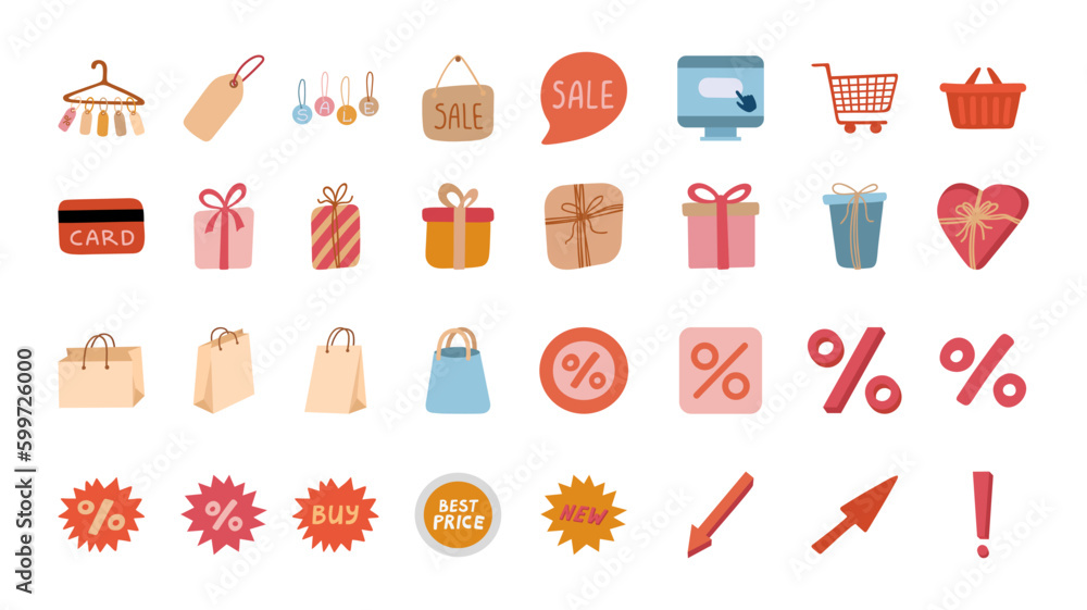 Shopping icon set about sale and discount in flat vector style. Hand drawn vector illustration Shopping icon set about sale and discount in flat vector style. Hand drawn vector illustration