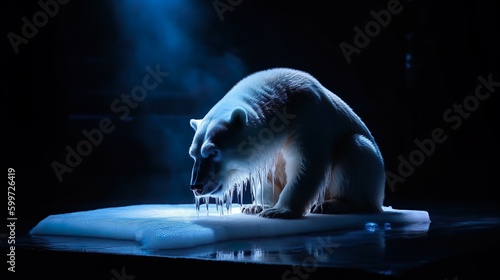 Ein Eisbär steht auf einer blau leuchtenden schmilzenden Eisscholle und sieht traurig und hilflos auf sie hinunter