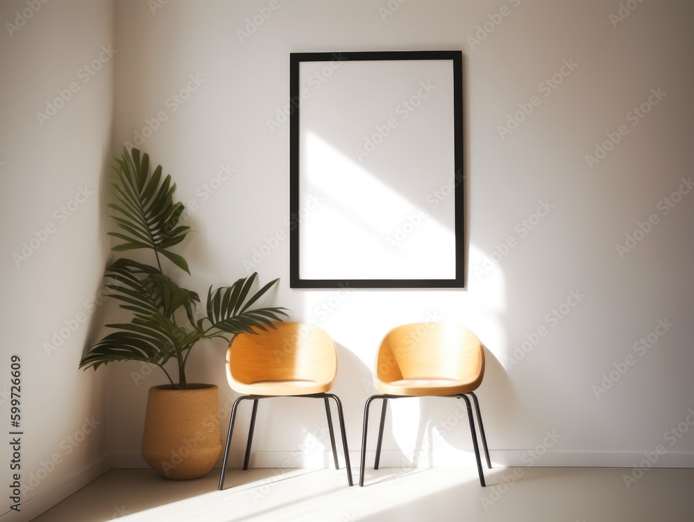 Interior of modern living room with two wooden chairs and picture frame. View of photo frame with interior home decor, Generative Ai Interior of modern living room with two wooden chairs and picture frame. View of photo frame with interior home decor, Generative Ai