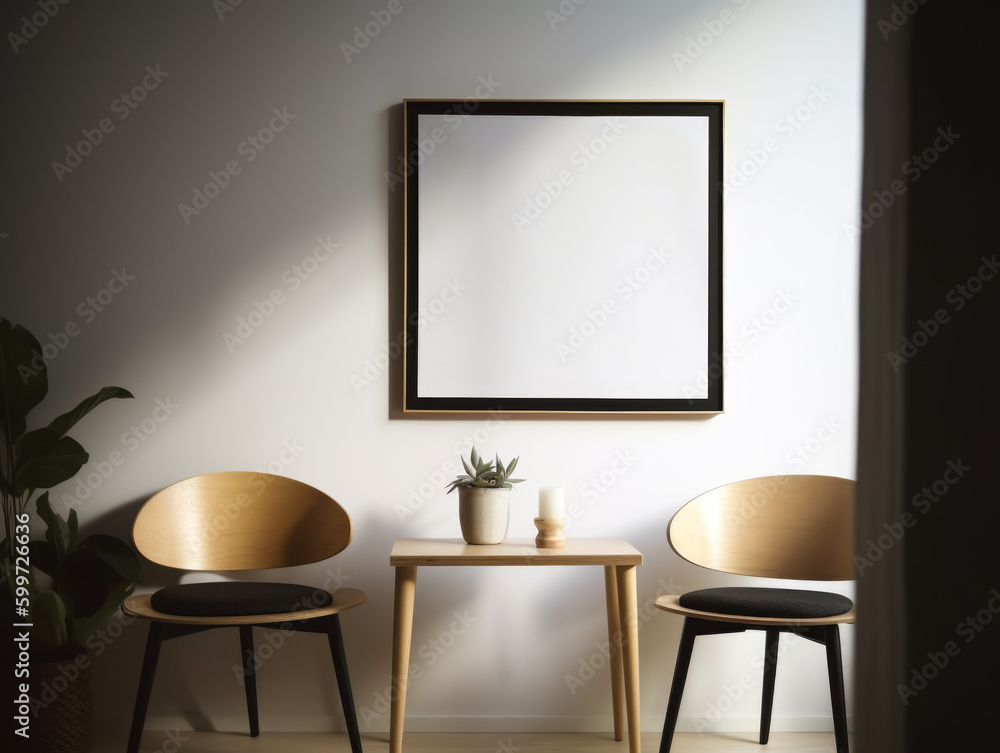 Interior of modern living room with white walls, wooden floor, comfortable beige armchairs standing near round table and vertical mock up poster frame. Generative Ai