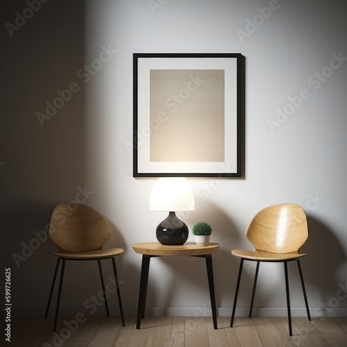 Interior of modern living room with white walls, wooden floor, comfortable beige armchairs standing near round table and vertical mock up poster frame. Generative Ai