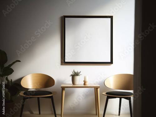 Interior of modern living room with white walls, wooden floor, comfortable beige armchairs standing near round table and vertical mock up poster frame. Generative Ai © Ivy