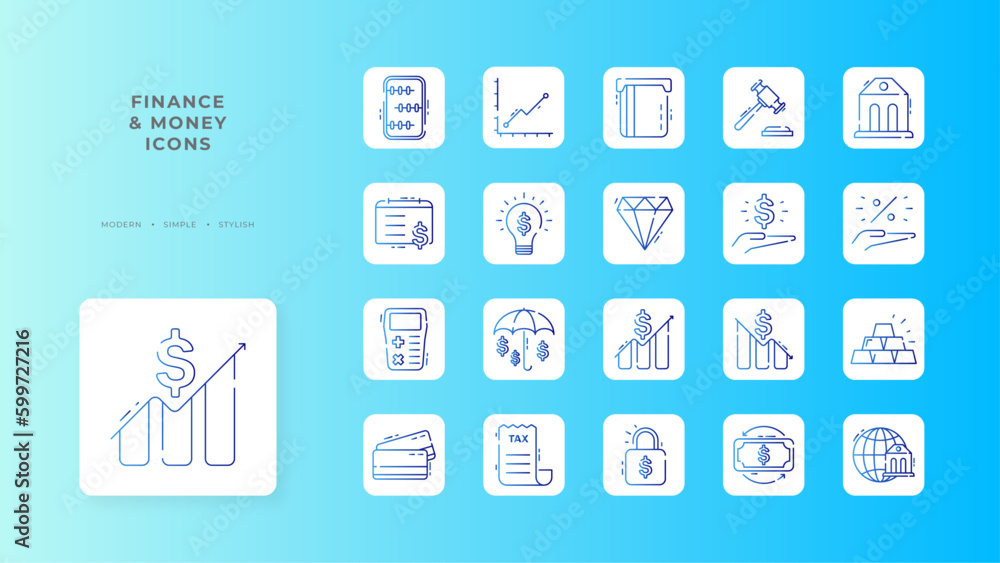 Finance and money icon collection with blue gradient outline style. dollar, set, banking, currency, sign, wallet, exchange. Vector Illustration Finance and money icon collection with blue gradient outline style. dollar, set, banking, currency, sign, wallet, exchange. Vector Illustration