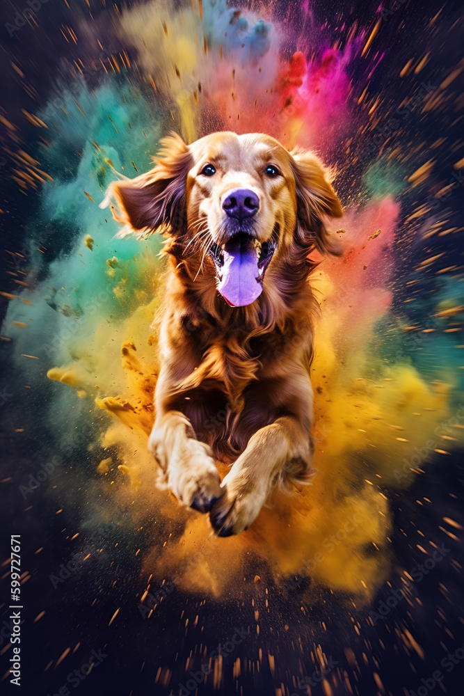 Smiling Dog jumping through colorful explosion powder. Generative Ai.