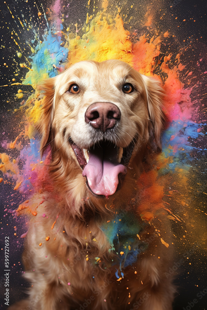 Smiling Dog jumping through colorful explosion powder. Generative Ai.
