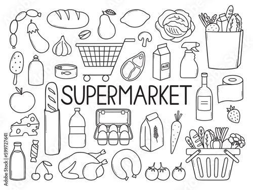 Supermarket products doodle set.  Grocery store in sketch style. Hand drawn vector illustration isolated on white background