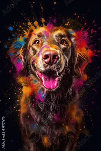 Smiling Dog jumping through colorful explosion powder. Generative Ai. © think4photop