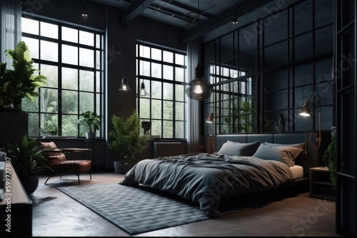 Dark loft master bedroom with large windows. luxury studio apartment in a loft style in dark colors, trendy gray minimalistic interior, king-size bed, Generative Ai © Ivy