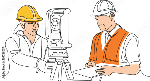 Close up of Caucasian worker with helmet on head using tablet for work while standing in warehouse. Surveyor with a tripod icon. Geodesic tripod. Vector illustration