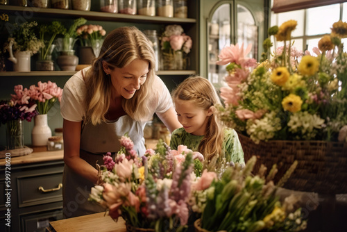 A woman and a little girl in a flower shop. Generative AI.
