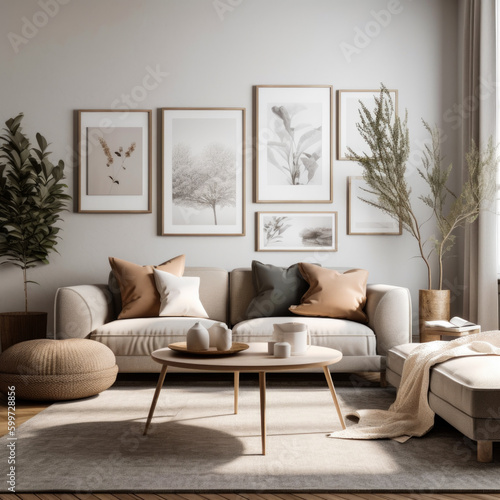 Gallery wall mockup in cozy living room interior, frame mockup, Generative Ai © Ivy