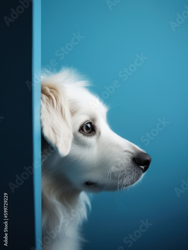 Sad looking dog. blue bcakground. Generative AI.  © dhimage