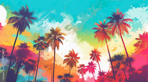 A painting of palm trees against a colorful sky. Generative AI. © Friedbert