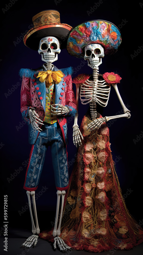 A couple of skeletons standing next to each other. Generative AI. Day of the Dead picturesque display