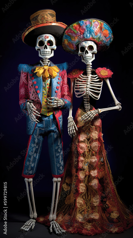 Fototapeta premium A couple of skeletons standing next to each other. Generative AI. Day of the Dead picturesque display