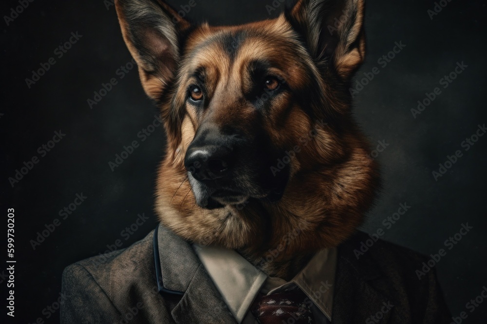 Anthropomorphic German Shepherd dog dressed in a suit like a businessman. business concept. AI generated, human enhanced Anthropomorphic German Shepherd dog dressed in a suit like a businessman. business concept. AI generated, human enhanced