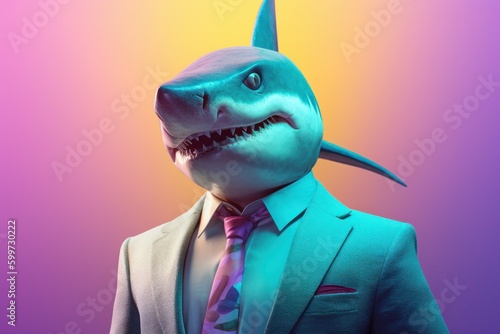 Anthropomorphic shark dressed in a suit like a businessman. Business Concept. AI generated, human enhanced