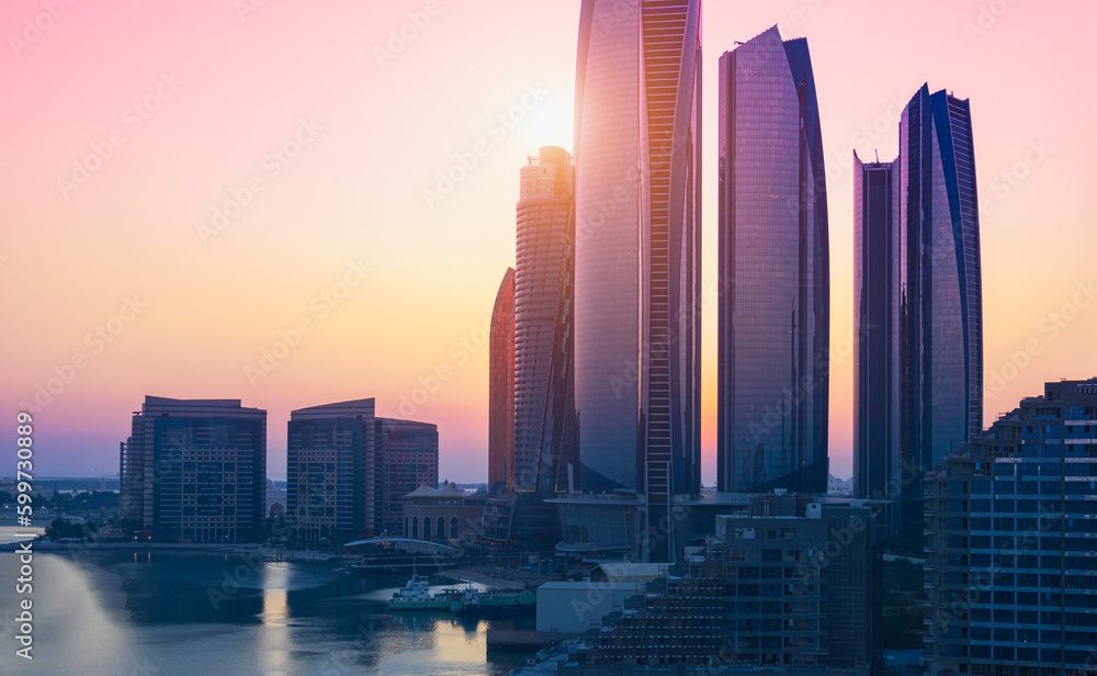 UAE, United Arab Emirates, Abu Dhabi waterfront downtown marina and coastal panorama and skyline.