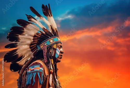 native americans wearing traditional clothes standing in front of sky, native american day, Generative AI