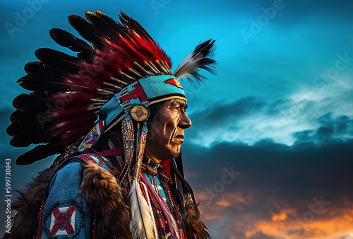 native americans wearing traditional clothes standing in front of sky, native american day, Generative AI photo