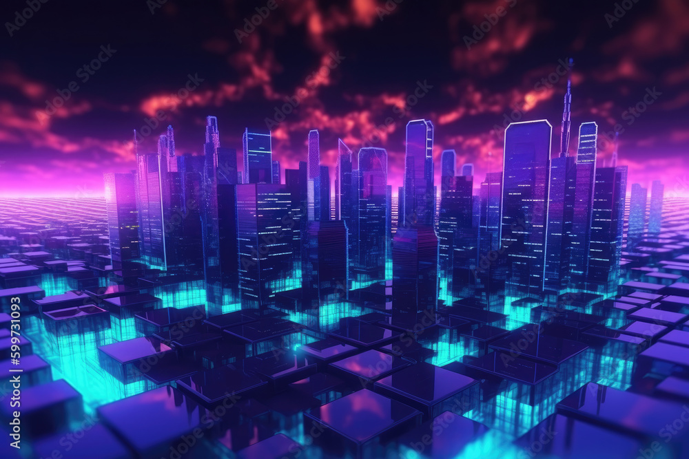 Night neon city in blue gradient color spectrum futuristic background on square with grid pattern