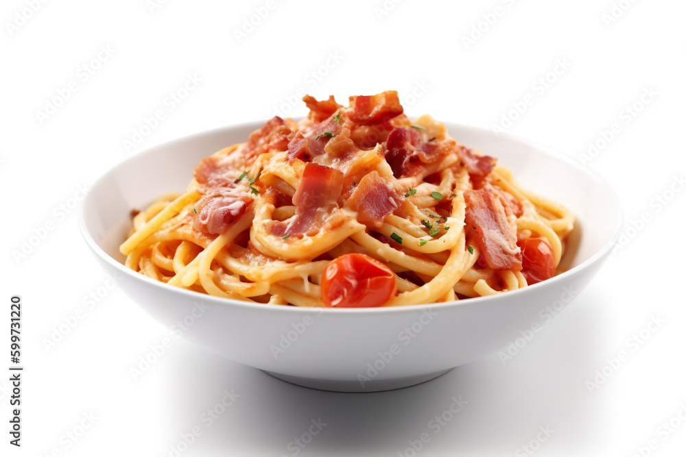 A bowl of pasta with bacon and tomatoes. Generative AI.