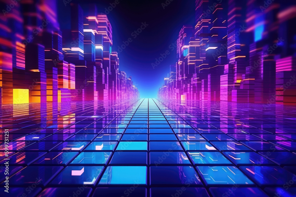 Night neon city in blue gradient color spectrum futuristic background on square with grid pattern Night neon city in blue gradient color spectrum futuristic background on square with grid pattern