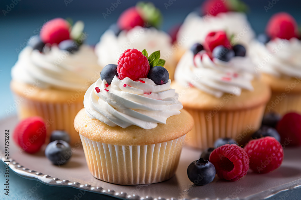 A plate of cupcakes topped with whipped cream and berries. Generative AI 4th of July Independence day patriotic food styling