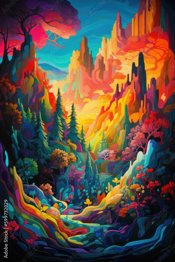 A color painting of scenic mountains in a psychedelic art style.