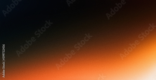 Orange glowing color gradient on black grainy background, noise texture effect, large banner copy space