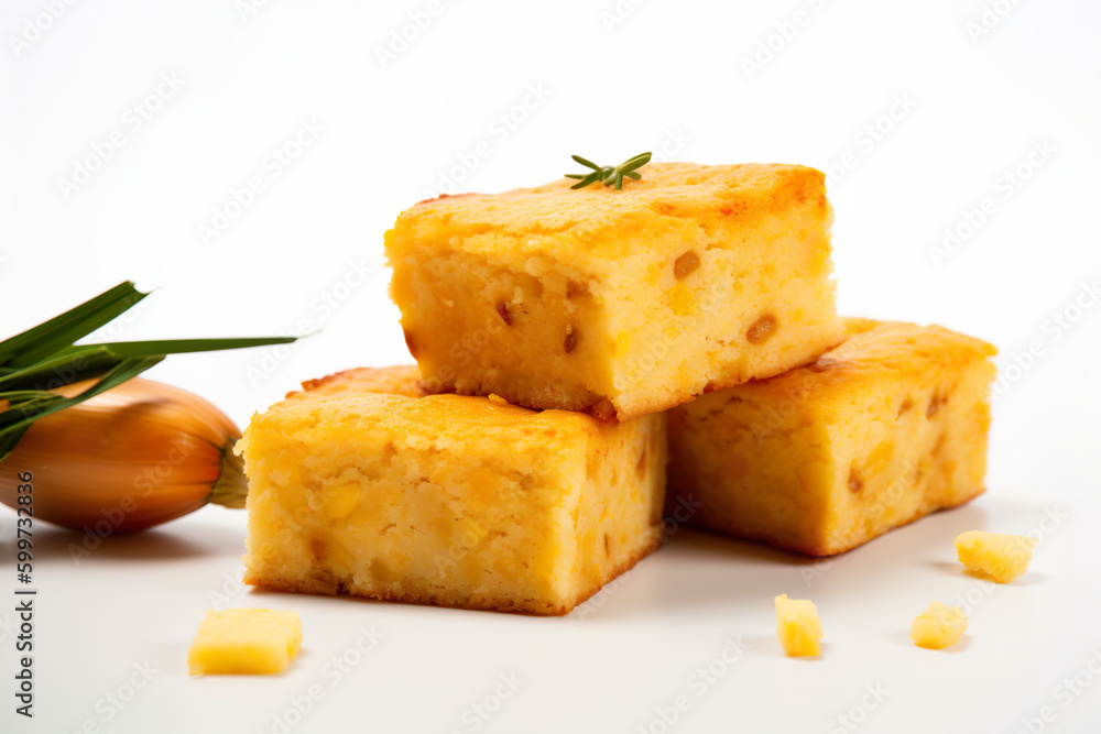 Sopa Paraguaya, cornbread made with cheese and onions, Generative AI food image on white background