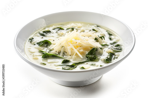 Stracciatella soup - egg-drop soup with spinach and cheese. Generative AI.