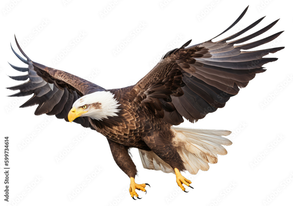 Naklejka premium Flying Bald Eagle Isolated on Transparent Background - Generative AI 