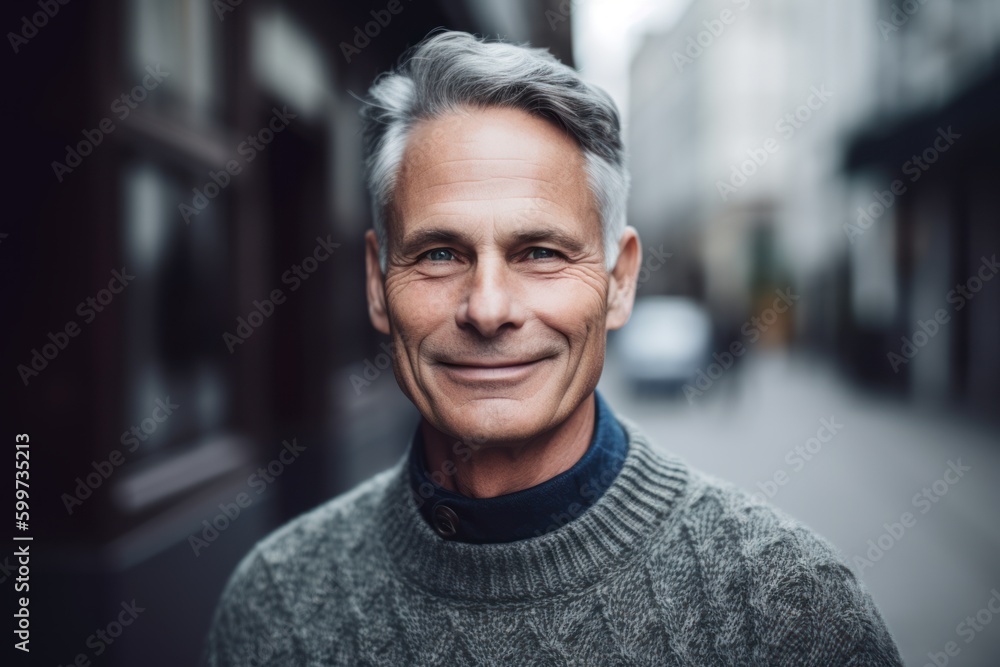 Portrait of handsome senior man with grey hair looking at camera in city Portrait of handsome senior man with grey hair looking at camera in city