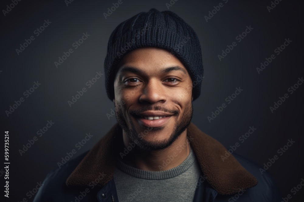 Portrait of a smiling african american man in winter hat and scarf Portrait of a smiling african american man in winter hat and scarf