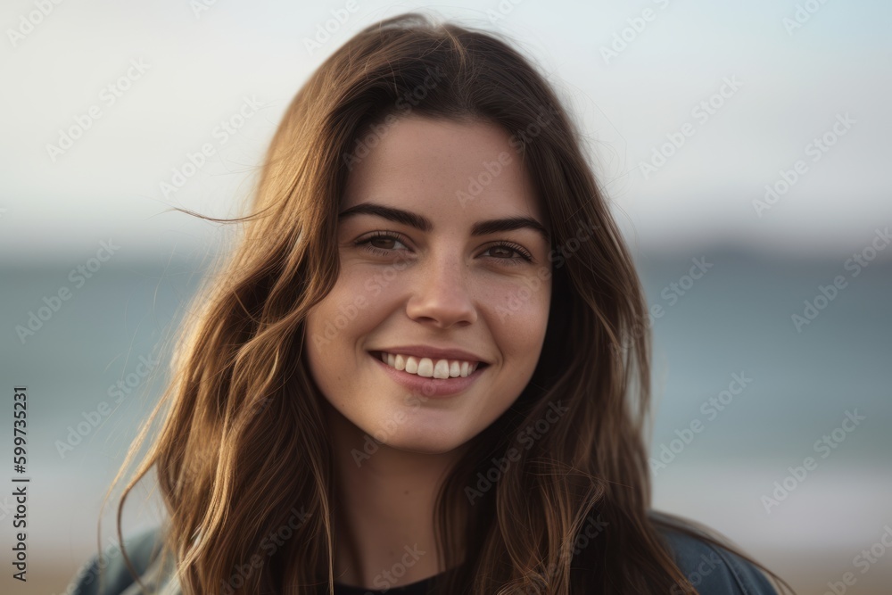 Close up portrait of a beautiful happy young woman smiling on the beach Close up portrait of a beautiful happy young woman smiling on the beach