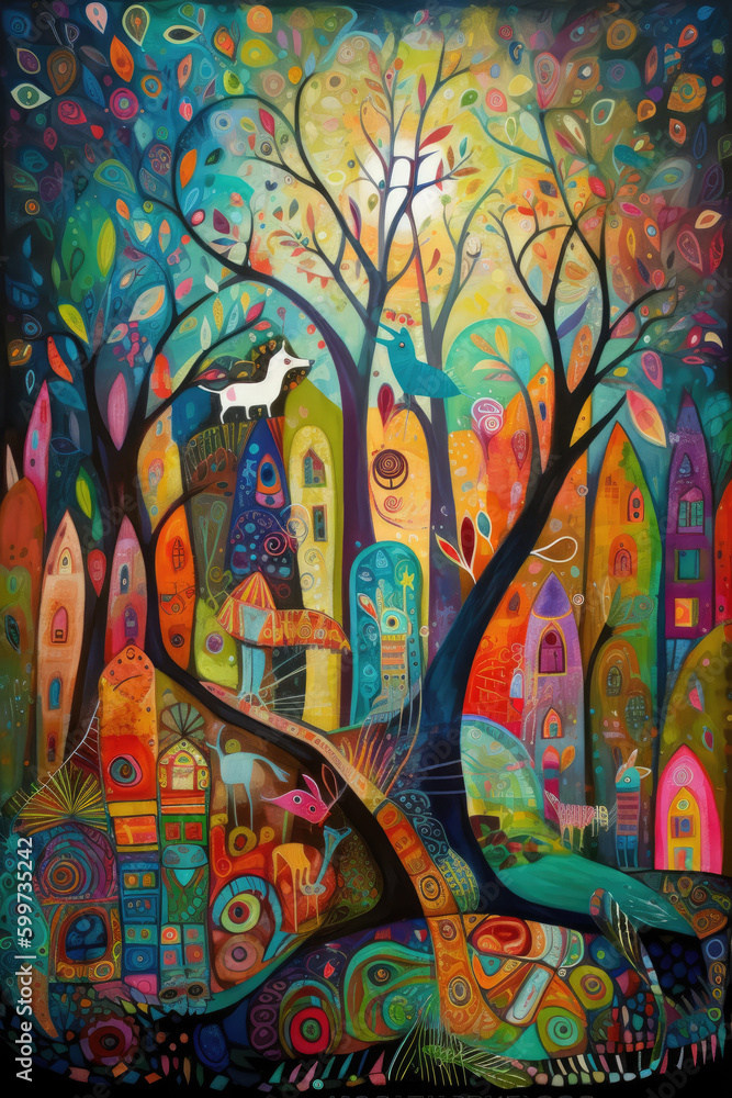 A whimsical forest scape with playful animals and vibrant colors.