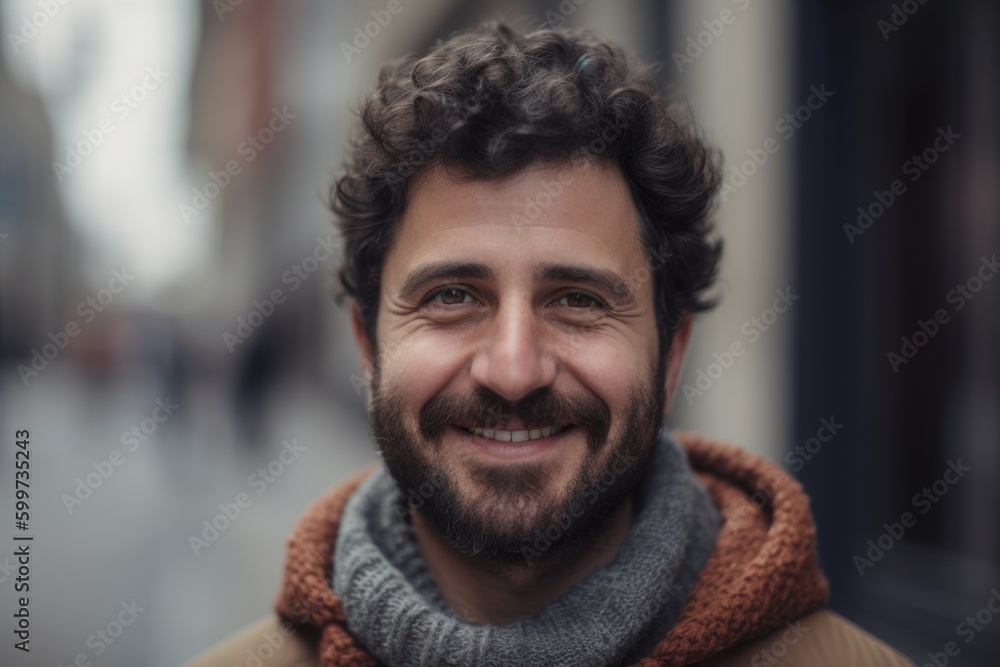 Portrait of handsome man with curly hair smiling at camera in the city Portrait of handsome man with curly hair smiling at camera in the city